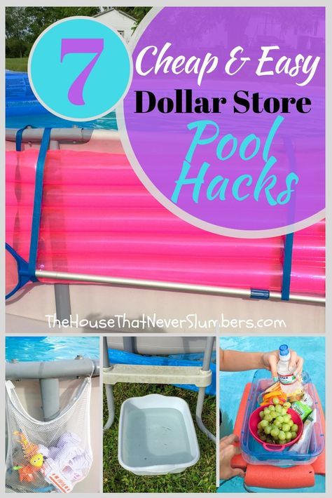 7 Cheap and Easy Dollar Store Pool Hacks | The House That Never Slumbers Diy Pool Cup Holder, Above Ground Pool Must Haves, Pool Side Ideas, Dollar Tree Pool Hacks, Above Ground Pool Hacks Diy, Intex Pool Hacks, Pool Side Decorating Ideas, Above Ground Pool Hacks, Above Ground Pool Accessories