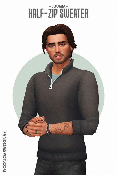 Half-zip maxis-match sweater for your male Sims. Perfect for autumn or winter! Find this CC at # 12 in our list linked here Sims 4 Cc Autumn Clothes, Sweater Sims 4 Cc, Sims 4 Male Cc Maxis Match, Sims 4 Male Sweater, Sims Aesthetic, Male Tops, Sims 4 Maxis Match, Male Sweaters, Male Sims