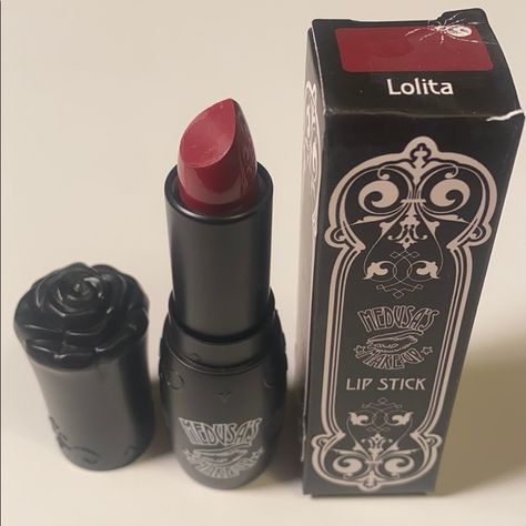 Nib , Old Stock Lipstick That Is Fresh And Vibrant. This Color Is A Deep Crimson. See Other Makeup From Same Brand. Dark Red Lipstick Looks, Goth Makeup Brushes, Vampire Red Lipstick, Alt Makeup Products, Dark Makeup Products, Gothic Makeup Brands, Vampire Cosmetics, Gothic Makeup Products, Beautiful Makeup Packaging