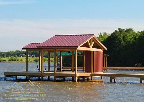 Just Right boat dock is a single slip dock with a storage closet and a generous sundeck area for fishing and enjoying the lake. Clean lines and a unique roof line make it stand out from all the other docks on the lake. www.goldenbuilder.com/boatdocks Boat Dock Storage Closet, Boat Dock Storage Closet Ideas, Boat Dock Design, Docks On The Lake, Small Lake Cabins, Lake Docks, Unique Roof, Dock Design, Cabin On Stilts