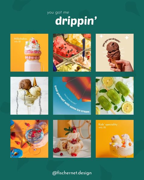 🍦 Sneak peek at our Instagram grid layout for the ice cream brand "you got me drippin'"! Consistency and creativity are key to a stunning social presence. Would you follow this account? xx Lucie - #InstagramDesign #SocialMediaMockup #Branding #GraphicDesign #ContentCreation #SocialMediaStrategy #adobeillustrator #adobepremiere #adobephotoshop #adobexd #figma #figmadesign #typography #adobecreativecloud #graphicdesign #fonts #template #logodesigner #branddesign #logodesigns #brandidentity #s... Ice Cream Post Instagram, Ice Cream Social Media Content, Ice Cream Social Flyer, Ice Cream Branding Design Creative, Ice Cream Advertisement Graphic Design, Instagram Grid Layout, Social Media Mockup, Ice Cream Brands, Instagram Grid