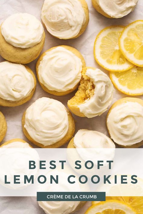 This is seriously the Best Soft Lemon Cookies Recipe ever! Featuring a soft lemon sugar cookie and creamy lemon cream cheese frosting, these are a citrusy treat with bold lemon flavor and a perfectly chewy texture! Lemon Cookies With Cream Cheese, Lemon Cookie Frosting, Soft Lemon Cookies, Lemon Cookie Recipe, Fall Desserts Thanksgiving, Lemon Sugar Cookie, Soft Frosted Sugar Cookies, Lemon Cookies Easy, Lemon Cheese