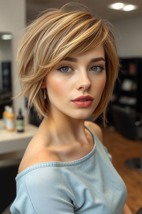 Chic Layered Bob with Side-Swept Bangs Layered Side Swept Bangs, Short Bob With Side Swept Fringe, Angled Bob Haircuts With Bangs, Blonde Bob With Curtain Bangs, Bob With Side Swept Bangs, Layered Bob With Side Bangs, Ideas For Fine Hair, Winter Haircut, Bob With Side Bangs