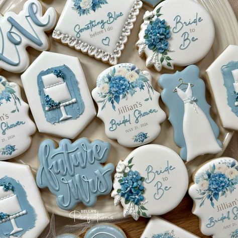 BELLA’S Perfections on Instagram: "Bridal shower cookies for a beautiful bride-to-be.  . . . . #bridalshowercookies #weddingdress #weddingcookies #weddingfavors #bridalshowerfavors #floralcookies #hydrangea #bridetobe #bridetobecookies #heartcookie #futuremrs #weddingcakecookies #somethingbluebeforeido #njcookies #lovecookies" Something Blue Cookies, Something Blue Before I Do Cookies, Something Blue Bridal Shower Cookies, Blue Bridal Shower Decorations, Bridal Shower Desserts, Wedding Cake Cookies, Something Blue Bridal, Blue Cookies, Bridal Shower Cookies