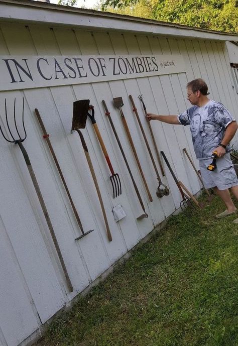 in case of zombies or yard work In Case Of Zombies, Lawn Tool Storage, Yard Tools, Garden Tool Storage, Rock Garden Landscaping, Side Yard, Yard Work, Shed Plans, Garden Shed