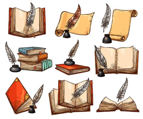 Old book, paper scroll and feather pen sketch set Drawing by Seamartini Open Book Drawing, Old Book Paper, Feather Quill Pen, Paper Scroll, Sketch Icon, Feather Pen, Book Paper, Vector Sketch, Pen Sketch