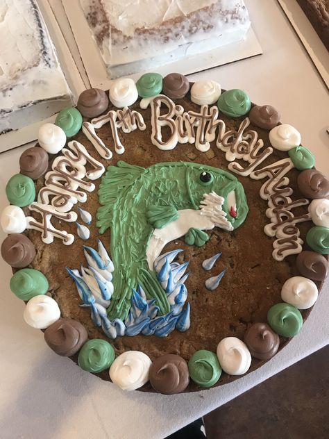 Bass cookie cake Birthday Fishing Cookie Cake, Cookie Cake For Men, 18th Birthday Cake For Guys, Bass Cake, Birthday Cookie Cake, Farm Birthday Cakes, Fish Cake Birthday, Duck Cookies, Cake Design For Men