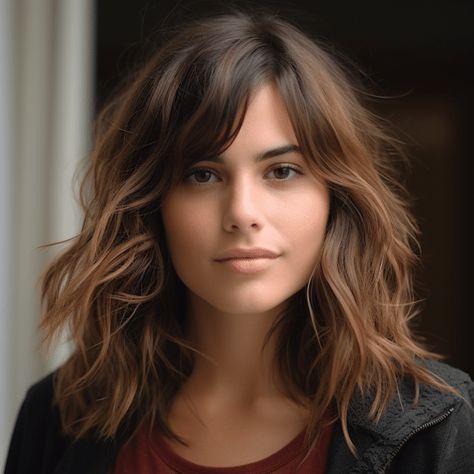 93 Stunning Medium-Length Layered Haircuts Trending Right Now Medium Length Haircut Ideas With Layers, Shaggy Medium Hair With Side Bangs, Side Bangs Lob Haircut, Side Parting Bangs, Side Fringe Hairstyles Medium, Shaggy Bob Side Part, Shoulder Length Hair With Layers And Side Bangs, Layered Bob Hairstyles With Side Bangs, Shaggy Mid Length Hair Side Part