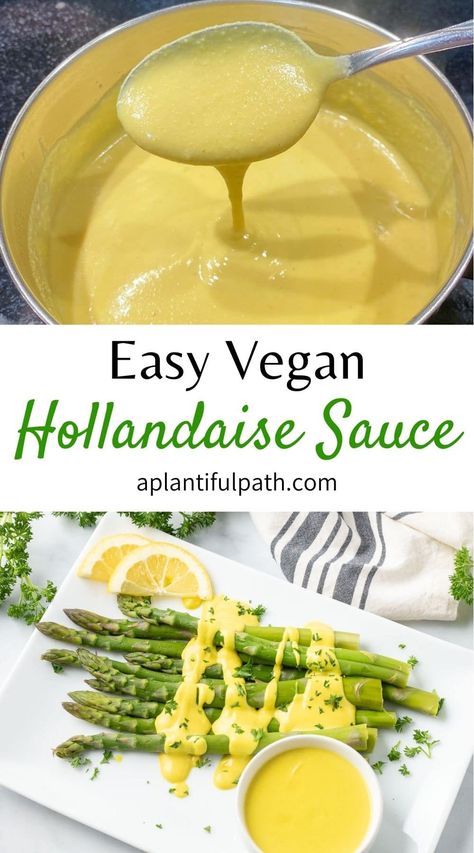 This Vegan Hollandaise Sauce is so creamy and delicious! It can be prepared in minutes, and is a perfect alternative to the traditional egg based sauce. Serve it over steamed or roasted veggies, or over your vegan eggs Benedict or vegan frittata. Hollandaise Sauce Healthy, Holondaise Sauce, Vegan Hollandaise, Vegan Hollandaise Sauce, Hollandaise Sauce Recipe, Recipe For Hollandaise Sauce, Oil Free Vegan Recipes, Sauce Hollandaise, Vegan Dip