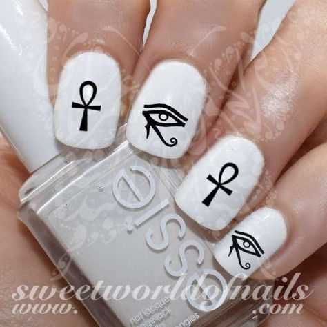 Egyptian Nail Art Eye of Ra/ Horus Egyptian Cross Nail Water Decals Transfers Wraps Word Nail Art, Egyptian Nail Art, Egyptian Nails, Periwinkle Nails, Calligraphy Love, Nightmare Before Christmas Nails, Cat Nail Art, Egyptian Cross, Paint Nails