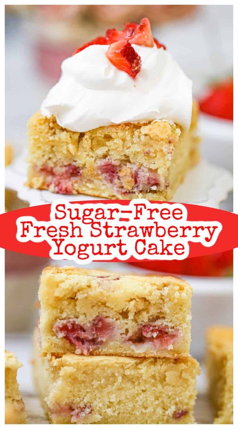 Fresh Strawberry Yogurt Cake - Sugar-Free Option Healthy Strawberry Cake, Healthy Strawberry Dessert, Strawberry Yogurt Cake, Frozen Strawberry Recipes, Low Sugar Yogurt, Lush Cake, Low Sugar Treats, Sugar Free Fruits, Fresh Strawberry Cake