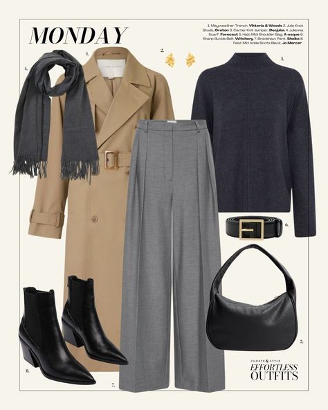 Kick off your week with timeless elegance! This Monday outfit features a classic trench coat paired with grey slacks and a cozy charcoal knit. Complete the look with sleek black ankle boots, a stylish black bag, and a warm scarf. Perfect for making a sophisticated statement at the office or a day out in the city. Warm Office Outfits, Charcoal Outfit, Ghana Outfits, Outfit Trench, Morning Outfit, Monday Outfit, Core Wardrobe, Grey Slacks, Effortless Outfit