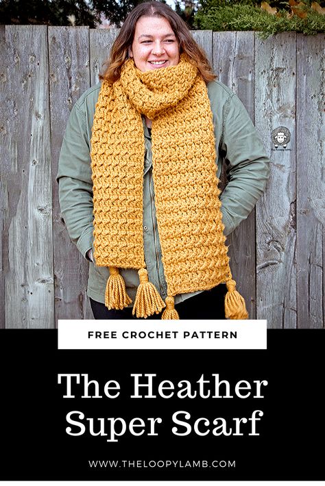 The Heather Super Scarf - Free Crochet Pattern from The Loopy Lamb.  Looking to keep cozy this winter? The Heather Super Scarf is a quick and easy make that not only looks great, it keeps you super warm and cozy in the cold weather.  #superscarf #freecrochetpattern #crochet #crochetscarf #chunkycrochet #lionbrand #thickandquickpatterns #quickcrochetpatterns #chunkycrochetpatterns #beginnercrochet #easycrochet Chunky Scarf Pattern Crochet, Crochet Scarf Pattern Bulky Yarn, Super Bulky Crochet Scarf, Simple Scarf Pattern, Crotchet Blankets, Free Crochet Scarf, Cowl Patterns, Crocheted Scarves, Super Scarf