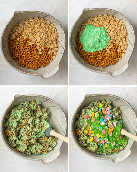 Leprechaun Snack Mix is the perfect St. Patrick's Day snack. It is a sweet and salty snack mix made with lucky charms cereal! St Patricks Day Trail Mix Recipes, Leprechaun Snack Mix Recipe, Lucky Charms Cereal Aesthetic, Lucky Charms Cereal Bars, Green Chex Mix St. Patrick's Day, White Chocolate Sauce, Salty Sweet Snacks, Lucky Charms Marshmallows, Lucky Charms Cereal