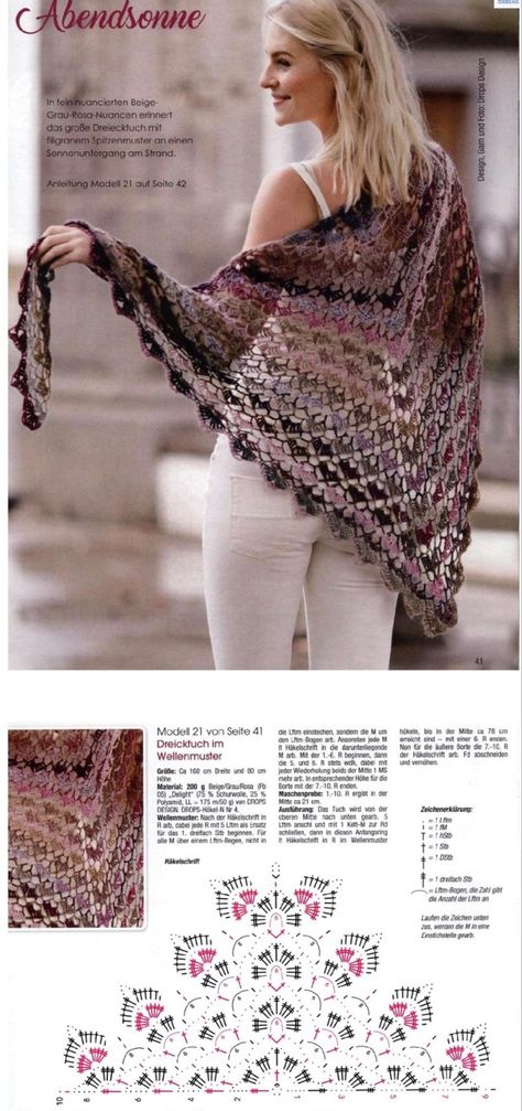 Crochet Triangle Shawl Pattern, Crochet Shawl Diagram, Crochet Lace Shawl, شال كروشيه, Crochet Ladies Tops, Crochet Triangle, Crochet Bolero, Crochet Shawls And Wraps, Shawl Patterns