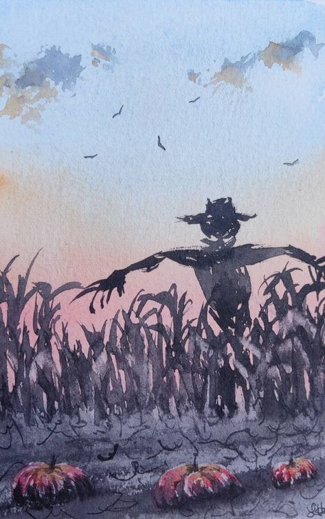 Scarecrow Tattoo, Autumn Field, Colorful Art Projects, Scary Scarecrow, Plein Air Watercolor, Halloween Watercolor, Autumn Sky, Creepy Pumpkin, Watercolor Pumpkins