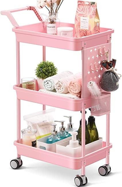 Kingrack Storage Trolley on Wheels, 3 Tier Rolling Cart with Handles, Kitchen Storage Cart, Livroom Book Trolley, Multi-Purpose Storage Organiser, Pink Craft Trolley, Steel Pegboard, Pegboard Storage, Metal Bar Cart, Rolling Utility Cart, Pegboard Organization, Rolling Storage Cart, Serving Trolley, Storage Trolley