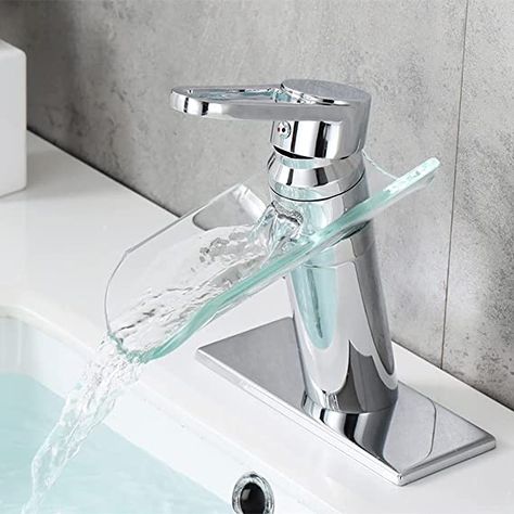 WINDALY Waterfall Bathroom Faucet, Single Hole Glass Spout Bathroom Faucet, Single Handle Solid Brass Bathroom Vanity Faucet with Deck Plate, Chrome - - Amazon.com Chrome And Brass Bathroom, Waterfall Taps, Lavabo Design, Glass Waterfall, Bathroom Faucets Waterfall, Waterfall Bathroom, Basin Sink Bathroom, Vanity Faucet, Vessel Sink Faucet