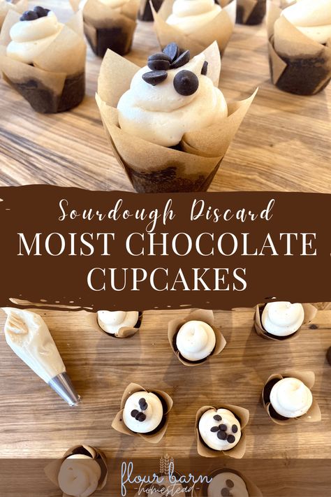 Best Sourdough Chocolate Cupcakes with Buttercream Frosting - The Flour Barn Homestead Sourdough Cupcakes Chocolate, Sourdough Discard Cupcakes, Sourdough Cupcakes, Best Chocolate Cupcake, Chocolate Cupcakes With Buttercream, Cupcakes With Buttercream Frosting, Cupcakes With Buttercream, Buttercream Frosting For Cupcakes, Best Chocolate Cupcakes