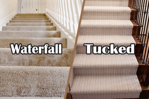 Waterfall Vs. Tucked Carpet: Which Carpeting Style Choose for Your Stairs? - Flooring West Stair Runner Vs Carpet, Carpet On Hardwood Stairs, Modern Carpet Stairs Stairways, Waterfall Stair Runner, Hardwood Floors With Carpet Stairs, Low Pile Carpet Stairs, Wall To Wall Carpet Stairs, Modern Carpeted Stairs, Carpeted Stairs Ideas