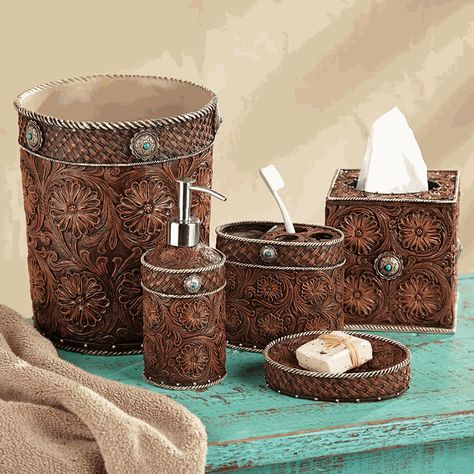 Western Tooled Leather Bath Accessories Western Bathroom Decor, Western Bedroom Decor, Antlers Decor, Bad Accessoires, Black Forest Decor, Leather Patterns, Leather Tooling Patterns, Western Gifts, Rustic Bathroom Decor