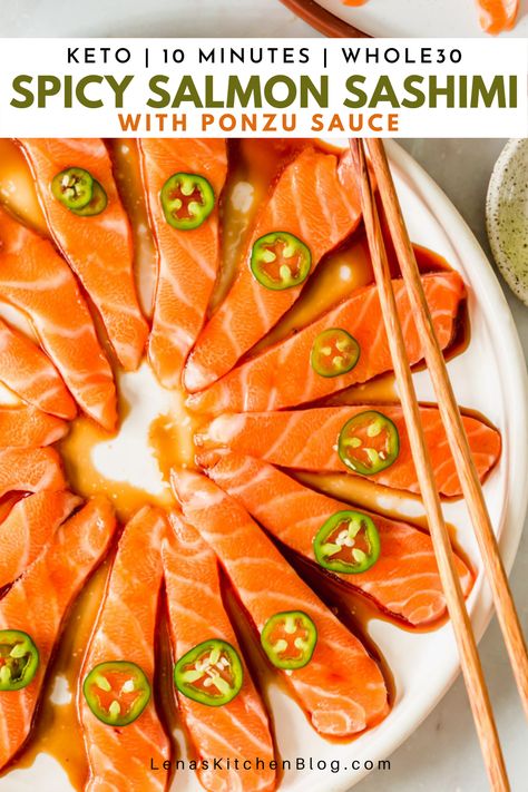 Sashimi Sauce Recipe, Spicy Salmon Sashimi, Sashimi Sauce, Japanese Appetizer, Sushi Bites, Salmon Tartar, Halloween Headpiece, Sashimi Recipe, Ponzu Sauce