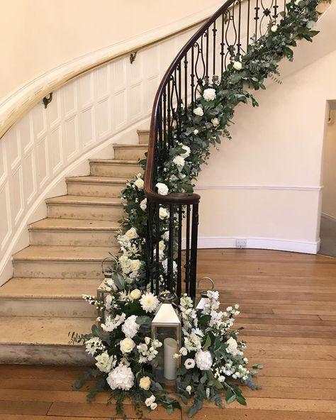 Emily Carr - Wedding Florist on Instagram: “Loved decorating the staircase @eastingtonpark today. Adore the fresh whites and greens used. 🌿” Wedding Staircase Decoration, Wedding Staircase, White Floral Decor, White Staircase, Narrow Staircase, Emily Carr, Staircase Decor, The Staircase, Wedding Flower Inspiration