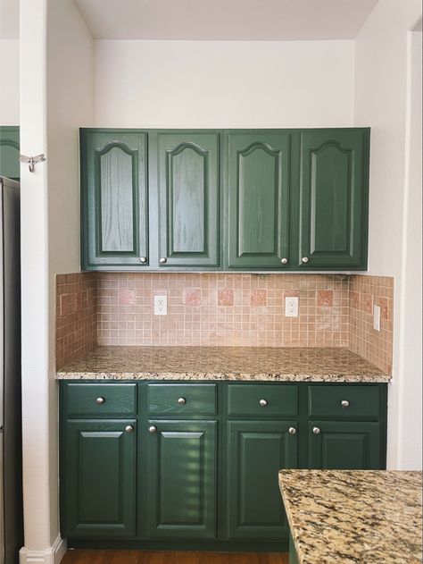 Wood Countertops Kitchen Green Cabinets, Black Countertop Green Cabinet, Green Cabinets Kitchen Wood Countertop, Dark Green Kitchen Cabinets Brown Granite, Sw Rock Garden, Rock Garden Sherwin Williams, Green Cabinet Wood Countertop, Sw Greenblack Cabinets, Kitchen Cupboard Makeover