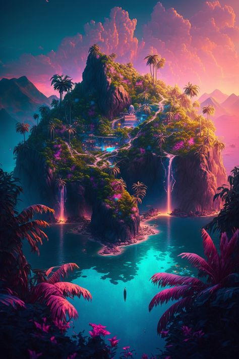 Tropical Paradise City on a Sunset Island Digital Painting Desktop Wallpaper Paradise Fantasy Art, Colorful Scenery Painting, Fantasy Tropical City, Fantasy Island Aesthetic, Tropical Fantasy Art, Fantasy Inspiration Scenery, Island Fantasy Art, Fantasy Islands, Fantasy Paradise