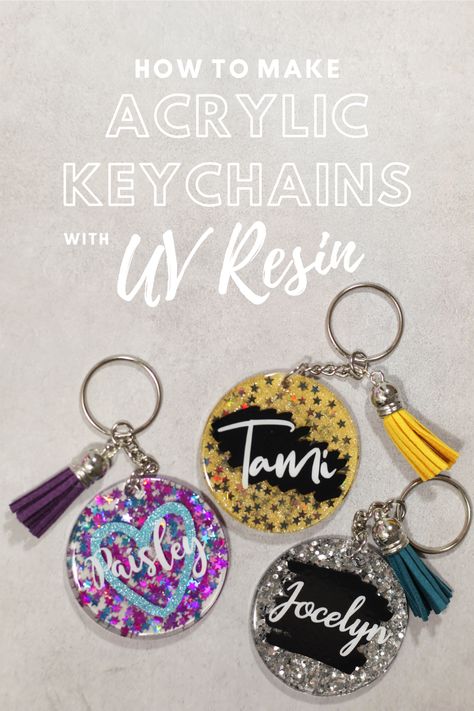 Download our free cut files to use in this easy to follow tutorial. Layer vinyl and UV resin to create a beautiful, professional looking finished product. Our full tutorial walks you through the process from start to finish. Epoxy Keychain Tutorial, Vinyl On Resin, Cricut Joy Keychain Ideas, How To Make Uv Resin Jewelry, Resin Round Keychain, Vinyl In Resin, Diy Acrylic Keychain Tutorial, Key Chains Diy Handmade Resin, Uv Resin Acrylic Keychain Diy