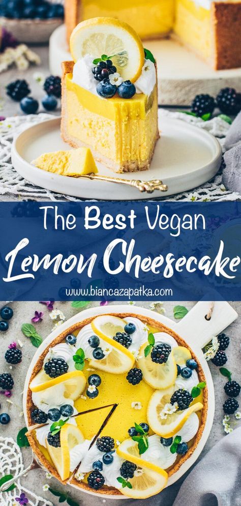 Cheesecake With Lemon Curd, Vegan Lemon Cheesecake, Cheesecake Pie Recipes, Vegan Lemon Curd, Vegan Lemon Cake, Recipe Cheesecake, Lemon Cheesecake Recipes, Valentines Dinner, Cheesecake Vegan