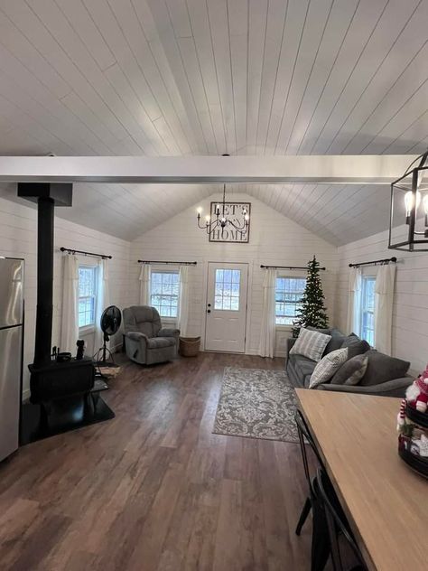 Tiny Barndominium Interior, Shed Apartment Ideas, 16x30 Shed House Interior, Tiny Home Open Floor Plan, Mini Barndominium Interior, Tiny Shed Homes Interiors, Shed To House Conversion Interiors, 12x40 Shed House Interior, Shed House Interior Ideas