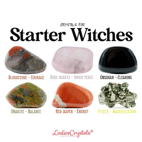 This is a starter witches crystal set of 6 crystals. Bloodstone, rose quartz, black obsidian, unakite, red jasper and pyrite. This starter witches set includes: ☆ 6 crystals are listed above with sizes 2 - 2,5 cm. ☆ Information glossy card with the properties of crystals. ☆ Velvet bag for your stones. ☆ Gift card (optional). ☆ Everything is packed in a small elegant box with a ribbon ready to be given as a gift. ☆ CRYSTALS PROPERTIES ☆ Bloodstone - courage Rose quartz - Inner peace Black obsidian - clearing  Unakite - balance Red jasper - energy Pyrite - manifestation  ☆ HOW TO USE ☆ You can use the crystals in whatever way works for you, such as wearing them in your pocket, placing them on your desk or on a windowsill, or simply holding it in your hand every time you need to be reminded o Crystals Witchcraft, Witchcraft Crystals, Witch Powers, Crystal Healing Chart, Tumbled Crystals, Crystal Uses, Witch Spirituality, Wiccan Spell Book, Crystals Healing Properties