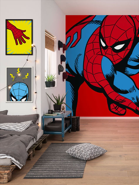 Spider-Man, in his signature red and blue, gets ready for his next climbing adventure. With this photomural, fans can ensure that their superhero is always nearby, occupying a very special place in their homes.-- Teen room decor. Teen room ideas. Teen room inspiration. Children room. Children room wall painting. Wallpaper ideas. Spiderman wallpaper.Spiderman room aesthetic 
@komarproducts Room Wall Painting, Teen Room Decor, Teen Room, Accent Wallpaper, Room Aesthetic, Marvel Characters, Spider Web, Room Inspiration, Wall Murals