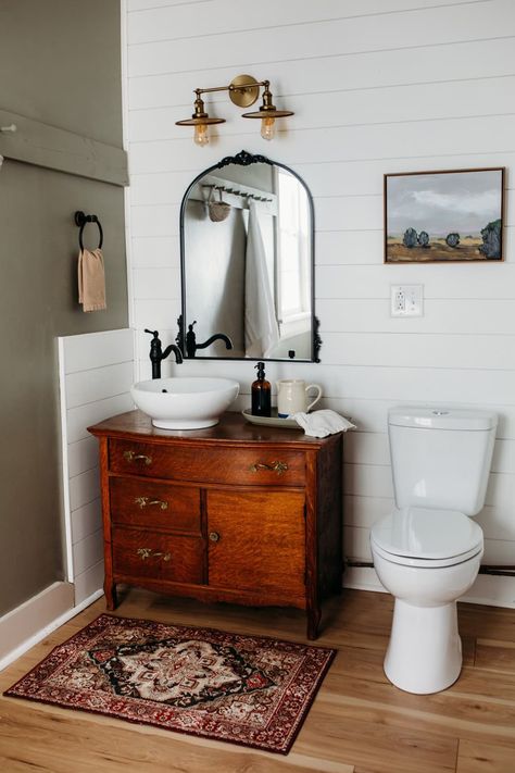 Vintage dresser turned vanity in bathroom after renovation. Dresser Vanity Bathroom, Vintage Bathroom Vanity, Diy Bathroom Vanity, House Vibes, Dresser Vanity, Cottage Bathroom, Ideal Bathrooms, Diy Vanity, Vintage Bathrooms