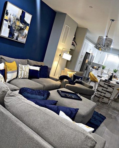 Blue Interior Design Living Room, Living Room Royal Blue, Boujee Room Ideas, Living Room With Accent Wall, Royal Blue Living Room Decor, Boujee Room, Navy Blue And Grey Living Room, Boujee Apartment, Decorating Apartment