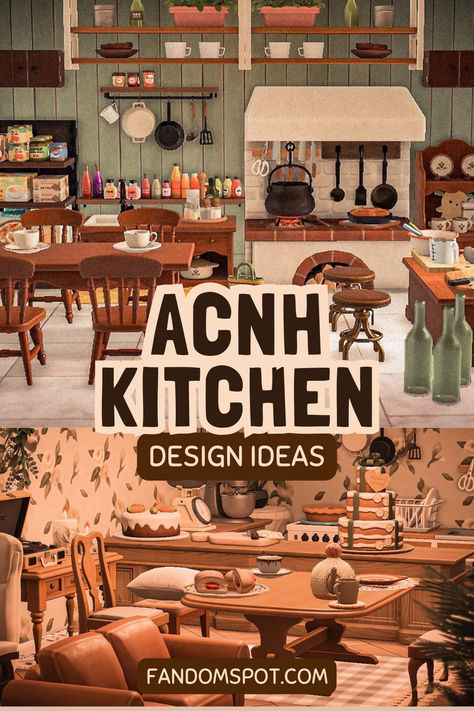 Need some fun cooking-themed inspo for your ACNH kitchen? This gallery has everything you'll need for every type of kitchen design under the sun Acnh Country House Interior, Acnh Kitchen Wallpaper Code, Acnh Kitchen Design Codes, Kitchen Ideas Acnh, Acnh Kitchen Ideas, Animal Crossing Kitchen Ideas, Acnh Kitchen Designs, Kitchen Animal Crossing, Acnh House Ideas