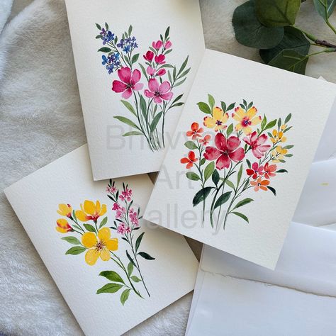 watercolor card set of 3, original handpainted cards NOT a print,  Watercolour florals painted on acid free watercolor paper 5x7" This painting is done using high quality professional grade watercolor paints on acid free cold press watercolor cards. It is painted by me and will come with a signature on the back. These cards are blank inside to write your messages and each card comes with an envelope. Please note * Due to different monitor settings, colors may look slightly different in person. S Watercolour Floral Cards, Handpainted Greeting Cards, Hand Painted Cards Ideas, Watercolor Flower Cards, Flower Card Ideas, Watercolor Cards Ideas, Watercolor Art Cards, Watercolor Flower Card, Flower Bouquet Card