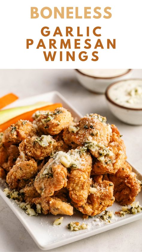 Boneless Garlic Parmesan Wings Boneless Garlic Parmesan Wings, Easy Boneless Chicken Wings, Boneless Chicken Wings Recipe Air Fryer, Keto Boneless Chicken Wings, Airfryer Boneless Wings, Boneless Wings Recipe Air Fryer, Boneless Chicken Wings Air Fryer, Garlic Parmesan Wings Fried, Boneless Wings Air Fryer