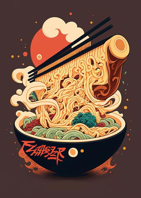 Asian Food Illustration, Japanese Food Poster, Ramen Illustration, Sushi Illustration, Kitchen Wall Prints, Noodle Art, Japanese Food Illustration, Asian Wallpaper, Food Business Ideas