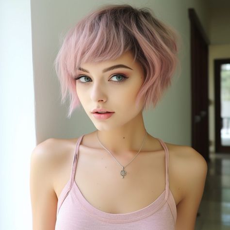 50 Chic Ombre Short Haircuts for a Stylish Transformation Pink Long Pixie, Purple Pink Short Hair, Pink And Purple Pixie Hair, Short Hair Cuts With Bangs For Woman, Short Edgy Hair Color, Colorful Pixie Hair, Bangs And Shaved Sides, Pink Hair With Shadow Root, Short Pink Hair With Bangs