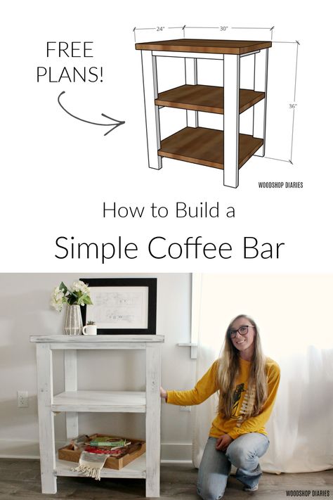 Build your own easy DIY coffee bar table with these free building plans! Simple DIY coffee station table perfect for small space in kitchen or dining area. Small Coffee Bar Table, Simple Diy Coffee Bar, Diy Wood Coffee Bar, Coffee Bar Plans Diy, Small Diy Coffee Bar, Easy Diy Coffee Bar, Diy Coffee Bar Small Space, Wooden Coffee Station, Coffee Bar Ideas Diy Small Spaces