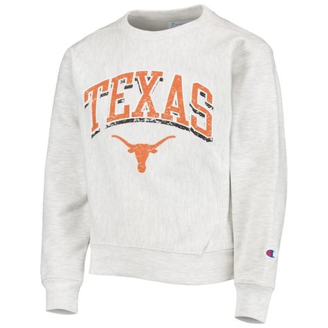 Youth Champion Heathered Gray Texas Longhorns Reverse Weave Pullover Sweatshirt. This Midweight Reverse Weave Pullover Sweatshirt From Champion Is The Perfect Fit, Featuring Flatlock Stitching And A Fleece Lining For Added Warmth. The Distressed Texas Longhorns Graphics Also Give It A Cool Vintage Look That Any Fan Would Love. -Flatlock Stitching -Fleece Lining -Midweight Sweatshirt Suitable For Moderate Temperatures -Material: 80% Cotton/20% Polyester Body; 99% Cotton/1% Other Fiber Rib -Machin Texas Longhorn, Texas Longhorns, Cooler Weather, Cool Vintage, Vintage Look, Pullover Sweatshirt, Vintage Looks, Fashion Inspo Outfits, Heather Grey