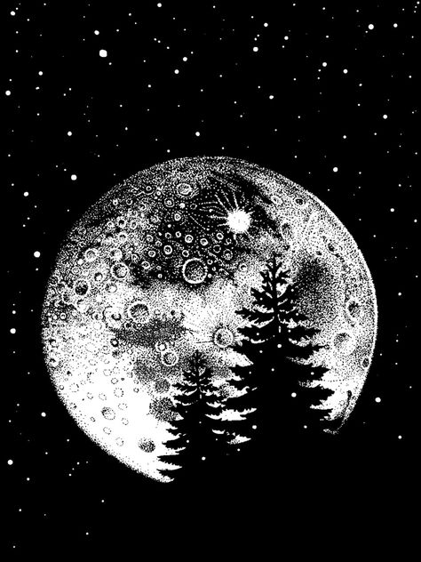 full moon with craters behind trees Illustration Art Nouveau, Scratchboard Art, Black Paper Drawing, Moon Drawing, White Drawing, The Pines, Moon Painting, Galaxy Art, The Night Sky