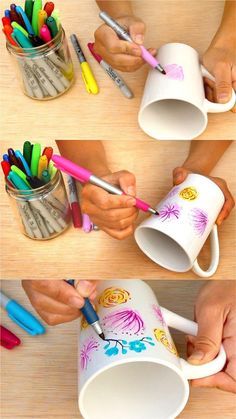 Watercolor Flower DIY Sharpie Mug {Anthropologie Style!} - A Piece Of Rainbow Diy Sharpie Crafts, Diy Sharpie Mug, Sharpie Crafts, Diy Hanging Shelves, Creeper Minecraft, Sharpie Mug, Diy Sharpie, Anthropologie Style, Diy Mugs