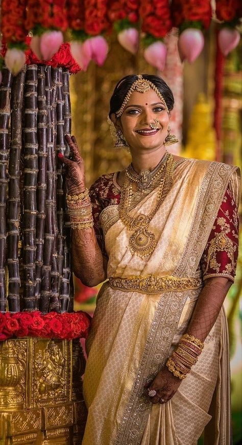 All-Gold Pattu SareeWith Deep Maroon Blouse. Source: Vipin Photography Gold Saree With Maroon Blouse, Cream And Maroon Saree, Maroon Blouse Designs Bridal, Maroon Pattu Saree, Gold Pattu Saree, Pelli Sarees, Muhurtham Saree, Latest Pattu Sarees, Blouse Styling