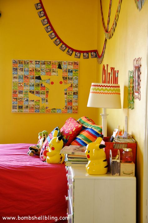 This Pokemon Bedroom is my son's DREAM!!  #pokemon #pokemonGO #pikachu Pokemon Wall Decor Diy, Pokemon Bedroom Ideas, Pokemon Decorations, Pokemon Bedroom, Bedroom Anime, Dream Bright, Pokemon Decor, Pokemon Room, Boy Rooms