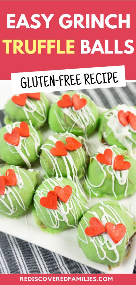 Our yummy Grinch truffle balls recipe is perfect if you are looking for easy Christmas treats. With green chocolate and red heart decorations, these truffles are great for your Grinch Christmas party or holiday dessert tray. Bonus: they're gluten-free! Visit rediscoveredfamilies.com for step-by-step recipes and tips. Save this pin now to have it handy when holiday prep gets busy. Gluten Free Grinch Cookies, Grinch Truffles Recipe, Grinch Truffle Balls, Grinch Cake Balls, Grinch Treats Christmas, Grinch Truffles, Truffle Balls Recipe, A Grinch Christmas, Truffle Balls