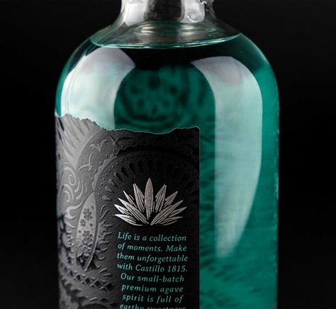 Inspired by paper picado flag designs ubiquitous at Mexican celebrations, this label stands out on shelves. We let the stories of the agave and the distillery’s origin drive the intricate, custom illustration that wraps the label. A spot gloss varnish was used to achieve the dramatic black-on-black style. Tequila label design, tequila branding, agave spirits, agave spirits label, Tequila bottle design, Agave Spirits bottle design, custom illustrations, spirits packaging. Tequila Label Design, Tequila Branding Design, Tequila Branding, Tequila Labels, Mezcal Branding, Spirits Bottle Design, Paper Picado, Tequila Label, Spirits Label Design