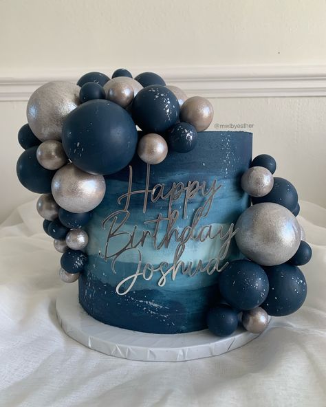 Blue & silver 💙🩶✨ A stunning blue ombré cake with navy and silver chocolate-covered foam balls, designed to make Joshua’s birthday extra special! 🎉 #luxurycakes #happybirthday #birthdaycelebration #cakeart #cakestagram #redvelvet #madewithlovebyesther All Blue Birthday Party, Silver And Blue Birthday Cake, Denim And Diamonds Birthday Cake, Manly Birthday Cake, Shades Of Blue Birthday Party Ideas, Birthday Cake For Women Blue, Blue Birthday Cake For Men, 17th Birthday Cake Boy, Blue And Silver Birthday Cake